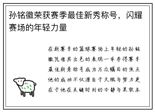 孙铭徽荣获赛季最佳新秀称号，闪耀赛场的年轻力量